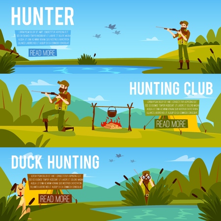 Set of banners on the theme of duck hunting and a hunting club with a hunter character flat vector illustration. Landscape with lake or marshland with hunter templates.のイラスト素材