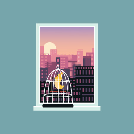 Landscape view of city skyline buildings from the open window with a bird in a cage on the windowsill flat vector illustration banner template. Rest and relaxation concept.のイラスト素材