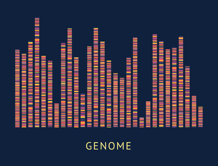 Genome data pattern visualisation diagram. DNA sequence and chromosome mapping analytics, colorful genomic big data analysis - vector illustration on black backgroundのイラスト素材