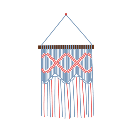Macrame wall decoration, hand crafted ropework interior decor object. Knot art design for diy hobby icon or banner, isolated flat vector illustration on white backgroundのイラスト素材