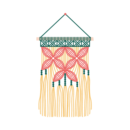 Floral macrame design, wall hanging decoration with red flowers on green and yellow thread fringe, handmade knot craft decor isolated on white background - flat vector illustrationのイラスト素材