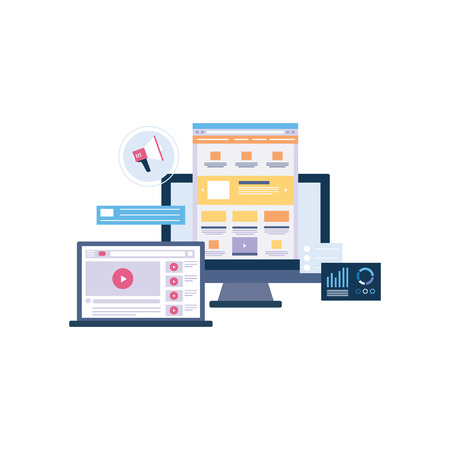 Inbound marketing tools in digital media business, web interface with online video blog and social media page content coming from computer and laptop, isolated vector illustration on white backgroundのイラスト素材
