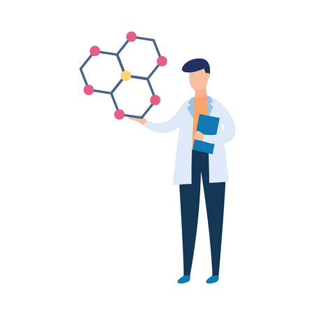 Biolaboratory assistant researches molecular structure vector illustration isolated on white background. Medicine or chemistry scientific analysis design concept.のイラスト素材
