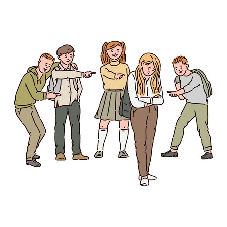 A group of children or teenagers scoff, show fingers and bully a sad girl. Children conflict, violence and bullying at school, vector cartoon illustration.のイラスト素材