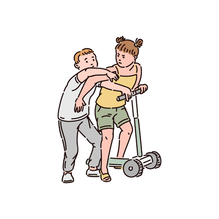 The boy is trying to take the scooter away from the girl, the girl pushes him away and gets angry. Children conflict and fighting, violence and bullying, vector cartoon illustration.のイラスト素材
