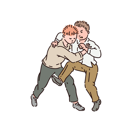 Two boys fight each other and kick. Violent bad behavior, school bullying, fighting and abuse. Children vector cartoon isolated illustration.のイラスト素材