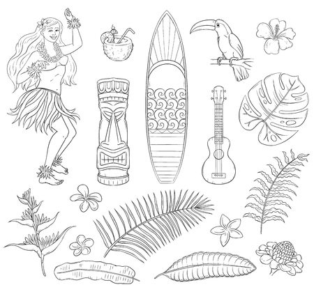 Tropical set of summer Hawaii symbols - plants, flowers, ukulele, tiki mask, parrot, surfing board, dancer girl in black and white coloring book style isolated on white background. Vector illustrationのイラスト素材