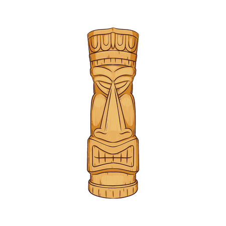 Hawaiian Tiki statue - wooden totem face sculpture by polynesian cultures, tropical ethic symbol decoration from Hawaii, cartoon isolated vector illustration on white background.