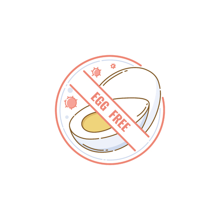 Egg free food label icon. Symbol for vegan vegetarian product or recipe for healthy nutrition and allergen restriction, hand drawn cartoon eggs crossed out in isolated vector illustration stickerのイラスト素材