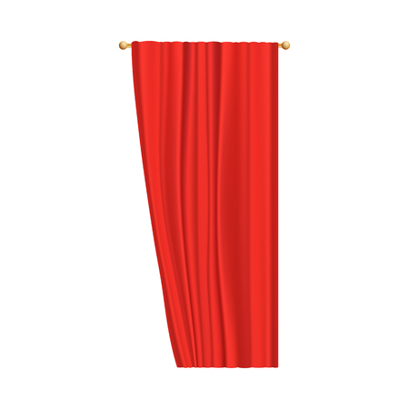 Red velvet curtain for theater stage performance, one single silk curtain opening from the right side hanging on golden rod. Realistic vector illustration isolated on white background.のイラスト素材