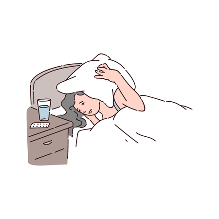 Sleepless woman suffers from insomnia and covering her head with pillow vector illustration isolated on white background. Female lying in her bed without sleep.のイラスト素材