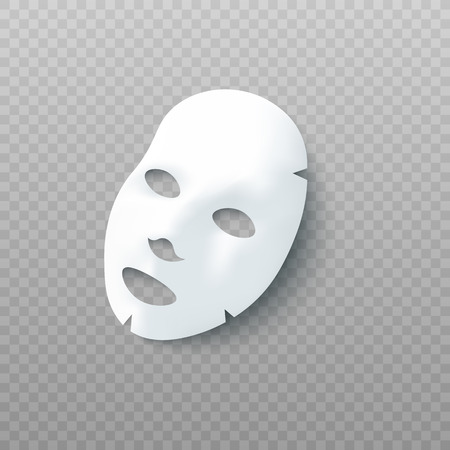 White sheet facial cosmetic mask 3d realistic vector illustration isolated on transparent background. Mockup for packaging of cosmetics beauty and face treatment product.のイラスト素材
