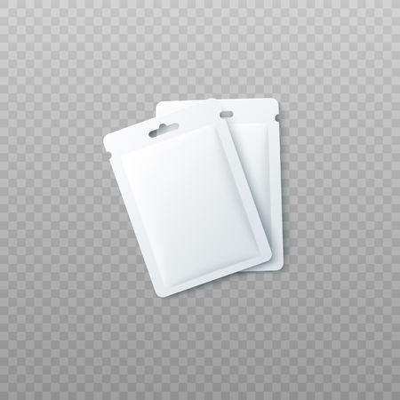 Realistic blank two packages or disposable sachet vector mockup illustration isolated on transparent background. Cosmetic product for face care or skin treatment template.のイラスト素材