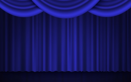 Spotlight on stage theater or cinema closed curtain 3d realistic vector illustration in blue and black. Performance or awards ceremony show opening classic concept.のイラスト素材