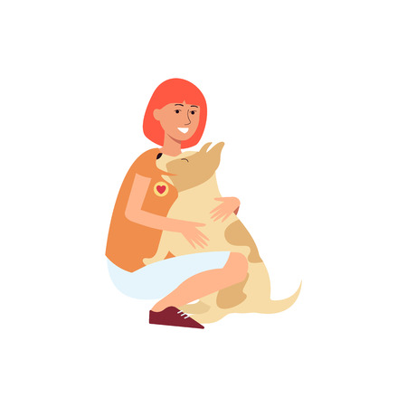 Volunteer taking care of homeless dog, cheerful young woman hugging a happy animal from shelter, flat hand drawn cartoon characters isolated on white background.のイラスト素材