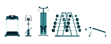 Gym exercise equipment for power heavy lifting and cardio workout interior objects flat vector illustration isolated on white background. Health club or weightlifting icons.のイラスト素材