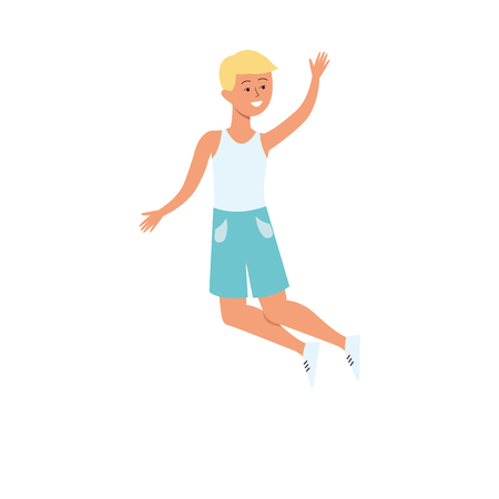 Happy Cheerful Sportive Child Boy Jumping Flat Vector Illustration