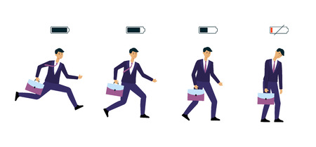 Series of a man with battery indicator to show his energy level vector illustration isolated on white background. People from fully charged to drained and exhausted.のイラスト素材