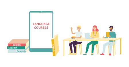 Web training or foreign language courses template with students on the online lesson vector illustration isolated on white background. Technology of distance education concept.のイラスト素材