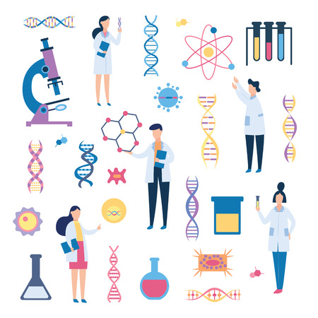 DNA and medical science researchers in flat cartoon poster, genetic health, biology and chemistry related objects, microscope, genes, people in vector illustration on white backgroundのイラスト素材