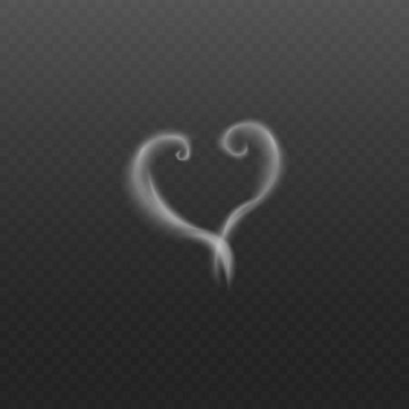 Hart shaped cloud of smoke or steam wave from cigarettes and hot drink vector 3d illustration isolated on dark transparent background. Coffee or vapor mist motion effect.のイラスト素材
