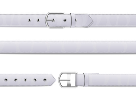 Buttoned, open and closed white leather belt with metal buckle. Set of realistic white belts with buckles, isolated vector illustration.のイラスト素材