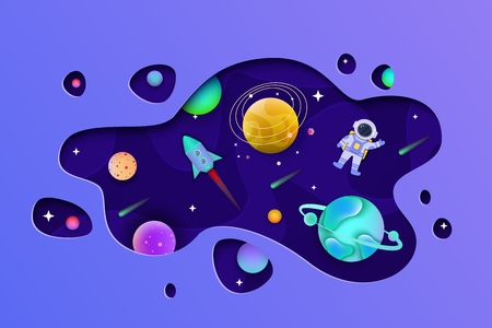 Cosmos with planets and astronaut inside shape cut out from paper flat style, vector illustration on blue background. Galaxy space with rocket and comets and stars, paper art conceptのイラスト素材