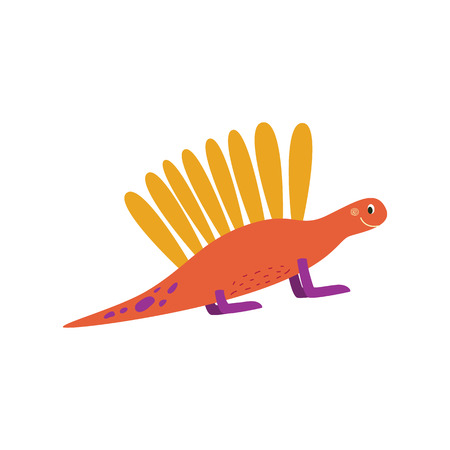 Cartoon baby dinosaur or cute dragon with a large crest on the back vector flat illustration isolated on white background. Prehistoric funny animal for any fantasy design.のイラスト素材