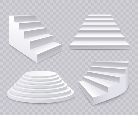 Set of different realistic 3d white stairs, staircase and ladder on a transparent background. Realistic stairs, architecture and interior. Success, career and business concept, vector illustration.のイラスト素材