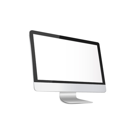 Modern computer monitor with blank white screen - realistic 3D mockup. Silver PC with empty flat display seen from sideways, isolated template vector illustration on white background.のイラスト素材