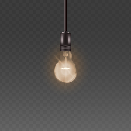 Ceiling lamp light bulb with bright warm light, realistic loft style glass lightbulb with electricity and glowing wire hanging from above, vector illustration isolated on transparent backgroundのイラスト素材