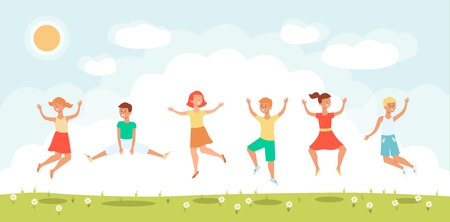 Group of funny children at school age jumping in air cartoon flat vector illustration on a cheerful summer background. Active girls and boys in concept of happy childhood.のイラスト素材