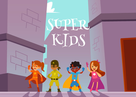 Children superheroes team standing outdoors in heroic poses cartoon style, vector illustration on urban background. Super kids poster or banner design with boys and girls dressed heroes costumesのイラスト素材