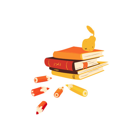 Pencils and stack of books with pear lying on top of its cartoon style, vector illustration isolated on white background. Educational concept with pile of books and fruit, back to schoolのイラスト素材