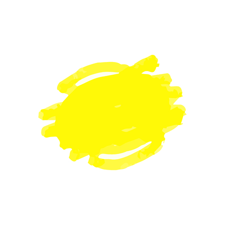 Quick marker drawing of abstract shape in yellow highlighter texture. Round scribble of overlapping line squiggles, doodle sketch element isolated on white background - vector illustration.のイラスト素材