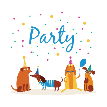 Cute dogs of different breeds in cones hats for a dog party or birthday. Greeting card and dog or puppy party and kid birthday invitation. Vector cartoon flat illustration.のイラスト素材