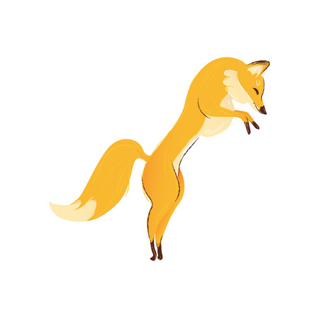 Red forest fox with a big red and orange lush tail jumps and hunts. Wild hand drawing animal fox jumping and hunting, isolated cartoon vector illustration.のイラスト素材