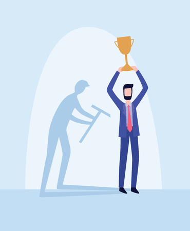 Businessman with hard working man shadow holding trophy champions cup flat vector illustration banner. Leadership, achievement and business challenge concept.のイラスト素材