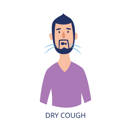 Portrait of man having dry cough flat cartoon style, vector illustration isolated on white background. Male person with respiratory disease symptom as asthma or allergy or coldのイラスト素材