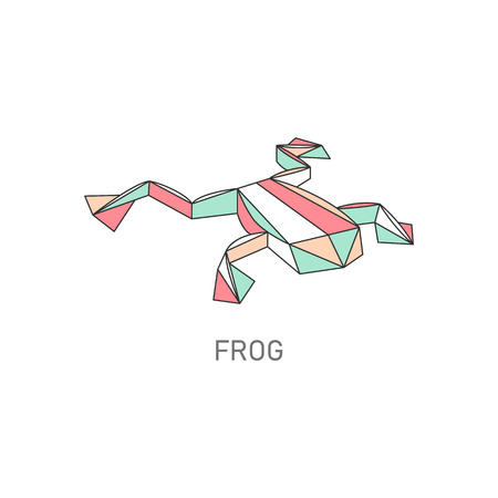 Folded paper or origami frog or toad flat with outline stroke polygonal design vector illustration isolated on white background. Hobby or craft concept creative icon.のイラスト素材
