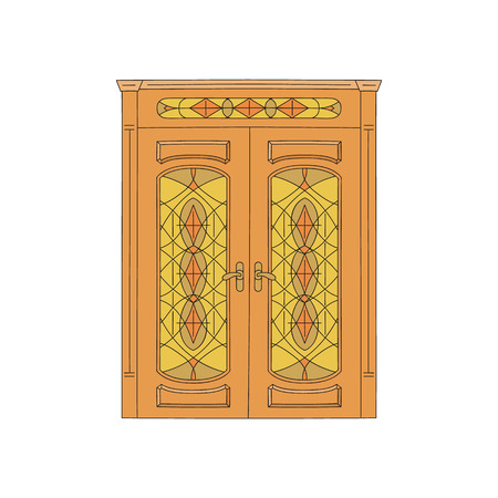 Wooden house door or the building entrance in the old art style, decorated with carvings and stained glass windows sketch vector illustration isolated on white background.のイラスト素材