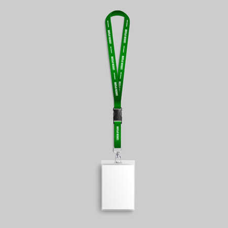 Realistic green identity card lanyard mockup with blank id badge and text template on neck strap. Corporate security identification pass for business event - isolated vector illustration