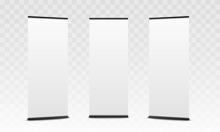 Set of vertical commercial stand mockups, empty white pop up promotion banners for commercial show poster or promotional presentation - isolated realistic 3D vector illustrationのイラスト素材