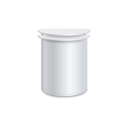 White blank promo stand with rounded shape and double counter top, realistic portable product promotion table mockup isolated on white background, vector illustrationのイラスト素材