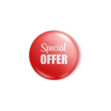 Red round button pin for special offer sale promotion. Shiny colorful circle banner with text for discount advertisement, isolated realistic vector illustration on white backgroundのイラスト素材