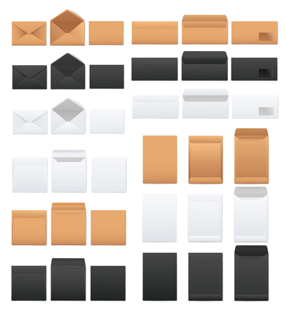 Mockups set of white and black and kraft brown blank envelopes realistic style, vector illustration isolated on white background. Templates of front and back side open and closed envelopes