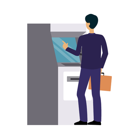 Man using bank ATM machine, businessman making cash money withdrawal or credit card transaction, business and finance technology user, isolated flat vector illustration on white backgroundのイラスト素材