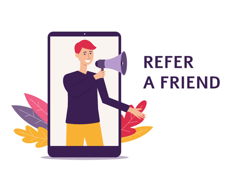 Man with a loudspeaker refer a friend recommendation flat vector illustration isolated on white background. Banner for business web page or social media posters.のイラスト素材