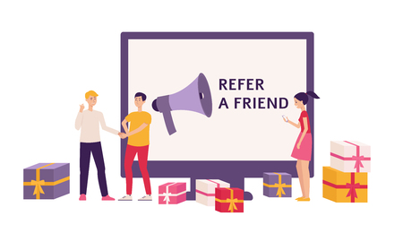 People cartoon characters with loudspeaker and computer the banner for illustration referral marketing program flat vector. Men and women friend's recommendation template.のイラスト素材