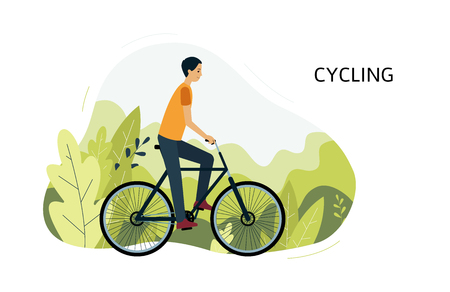 Sportsman riding bike outdoor in the park vector illustration isolated on white background. Athlete man on the bicycle for use in sport and active lifestyle design.のイラスト素材